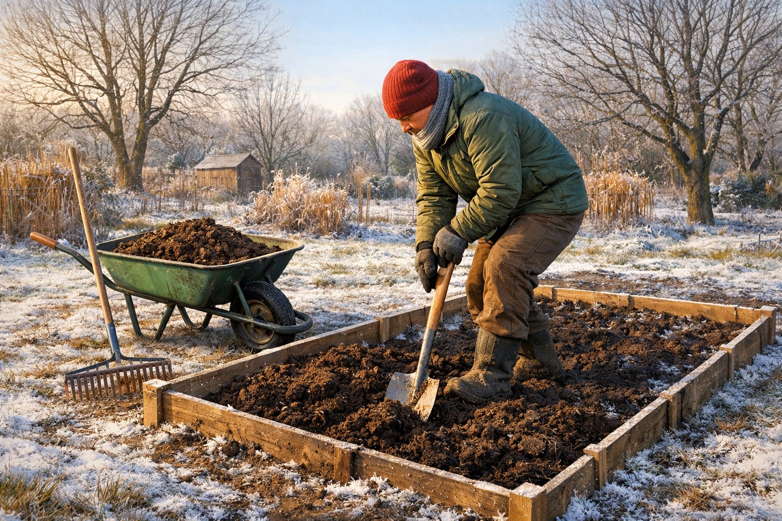 A gardener in warm clothes turning over soil with a spade in a winter garden with bare trees and frost on the ground.