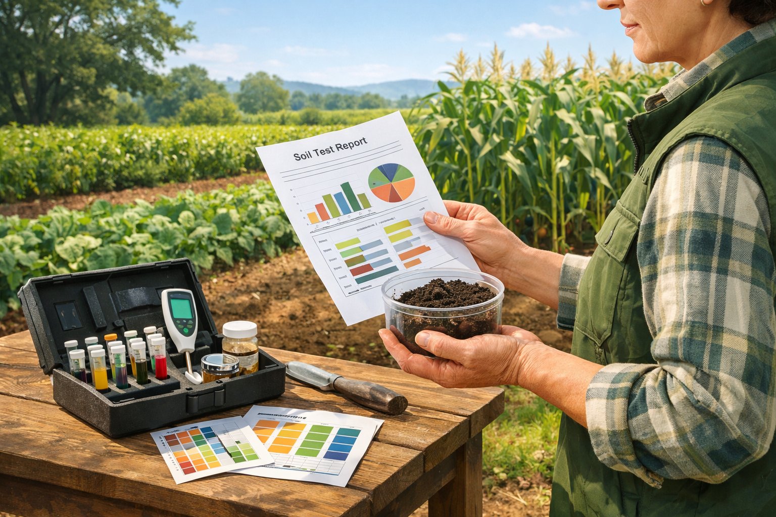 A person outdoors examining a soil test report and soil sample with soil testing tools and healthy plants in the background.