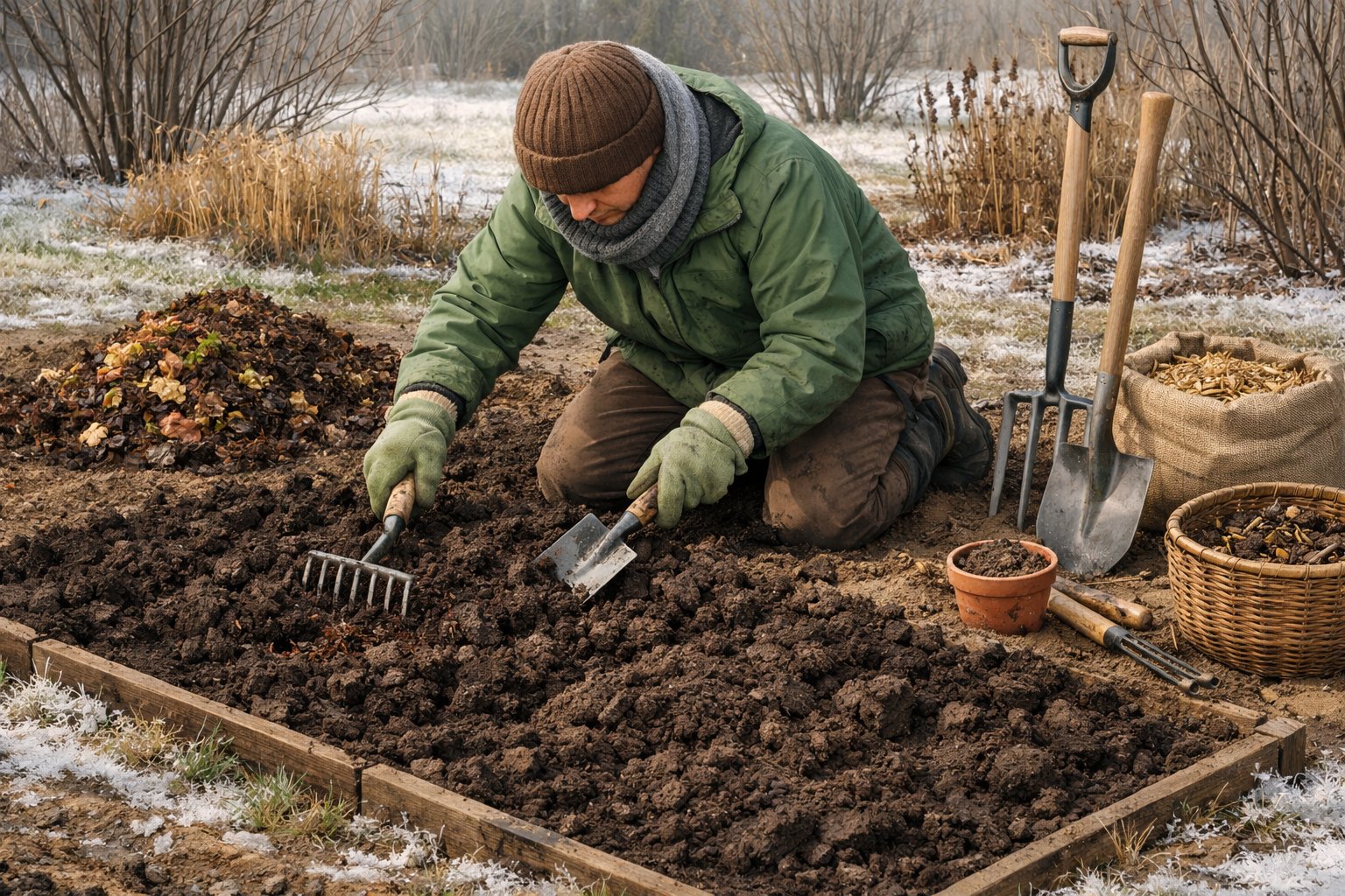 A gardener preparing soil in a garden bed during winter, turning and loosening the earth with gardening tools.