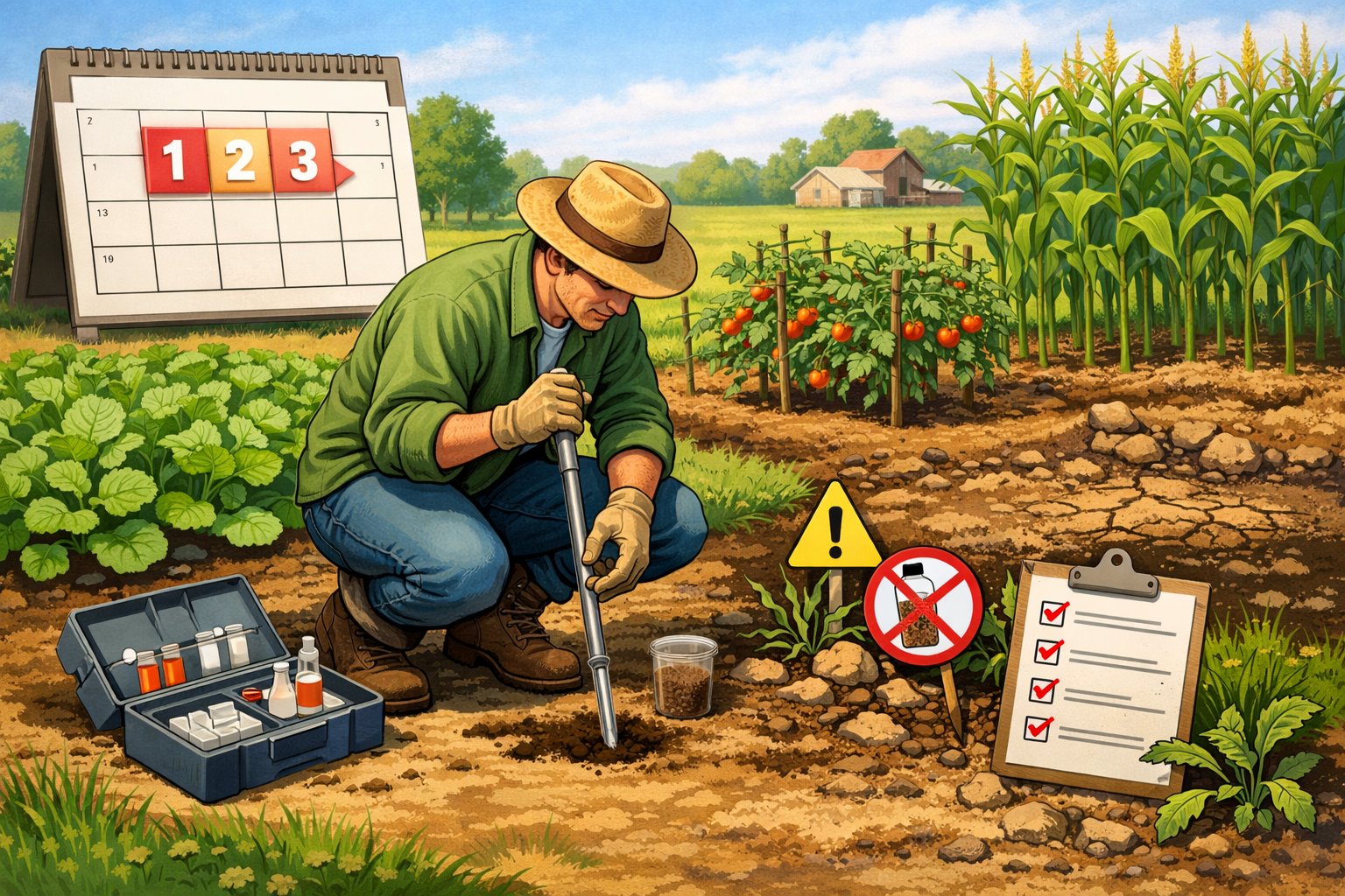 A person collecting soil samples in a garden with a calendar showing a three-year cycle and healthy plants in the background.