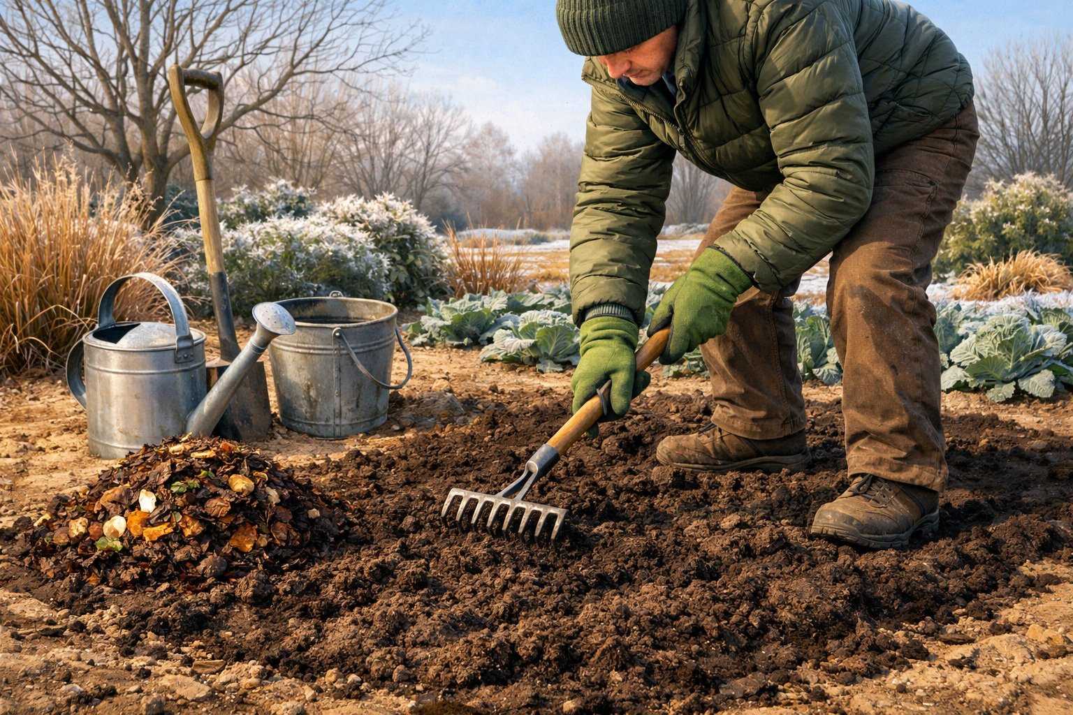 A gardener preparing soil in a garden bed with tools and compost during winter.