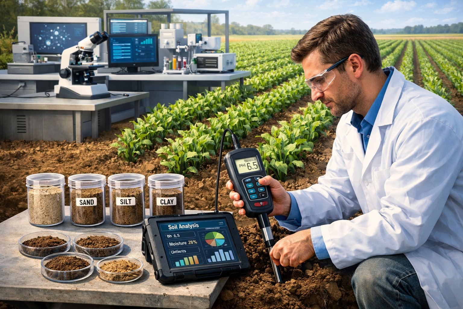 A scientist using advanced soil testing equipment in a field with crops, with soil samples and digital devices nearby, and a laboratory in the background.