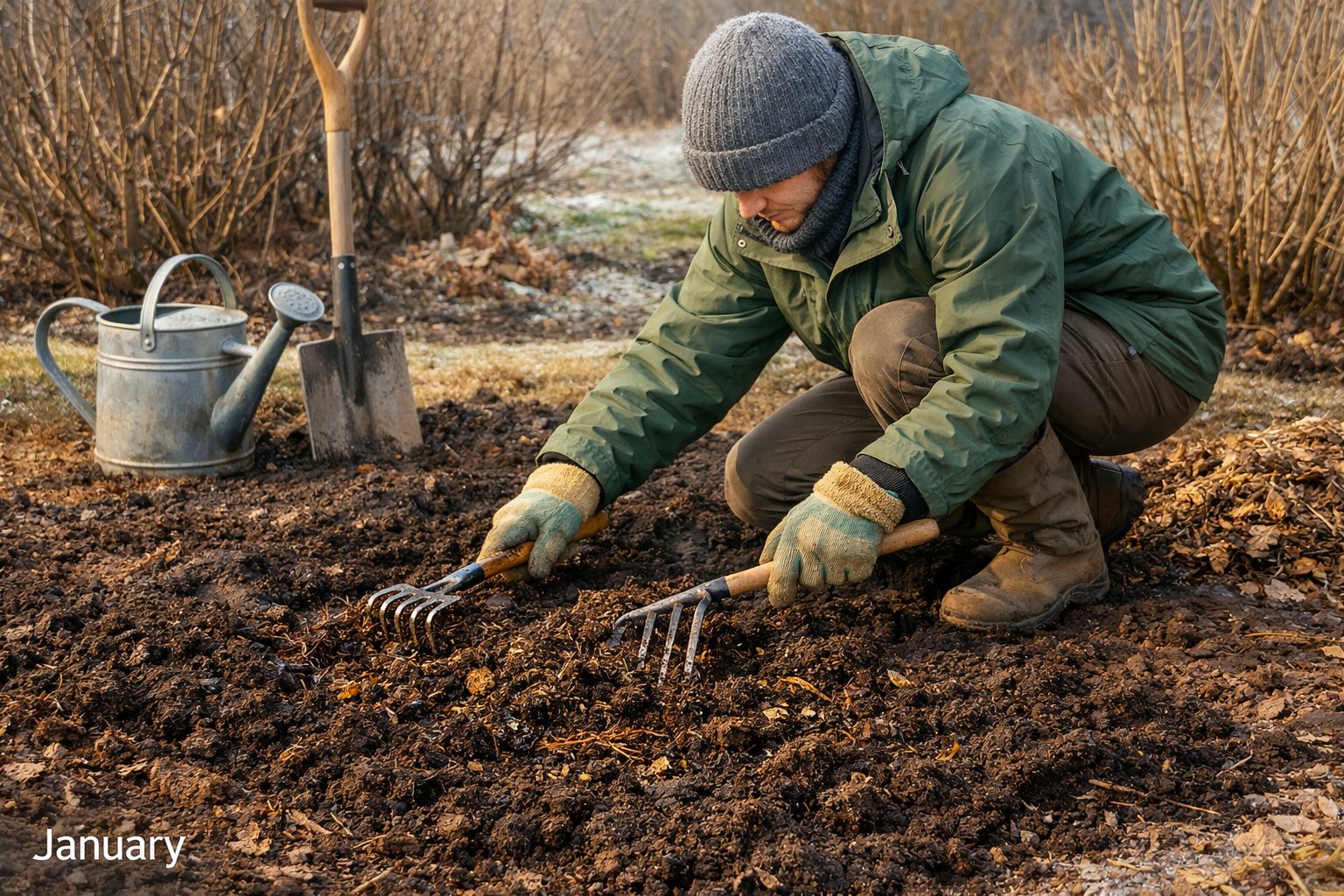A gardener preparing soil in a garden bed during winter, using tools to improve soil structure with bare plants in the background.