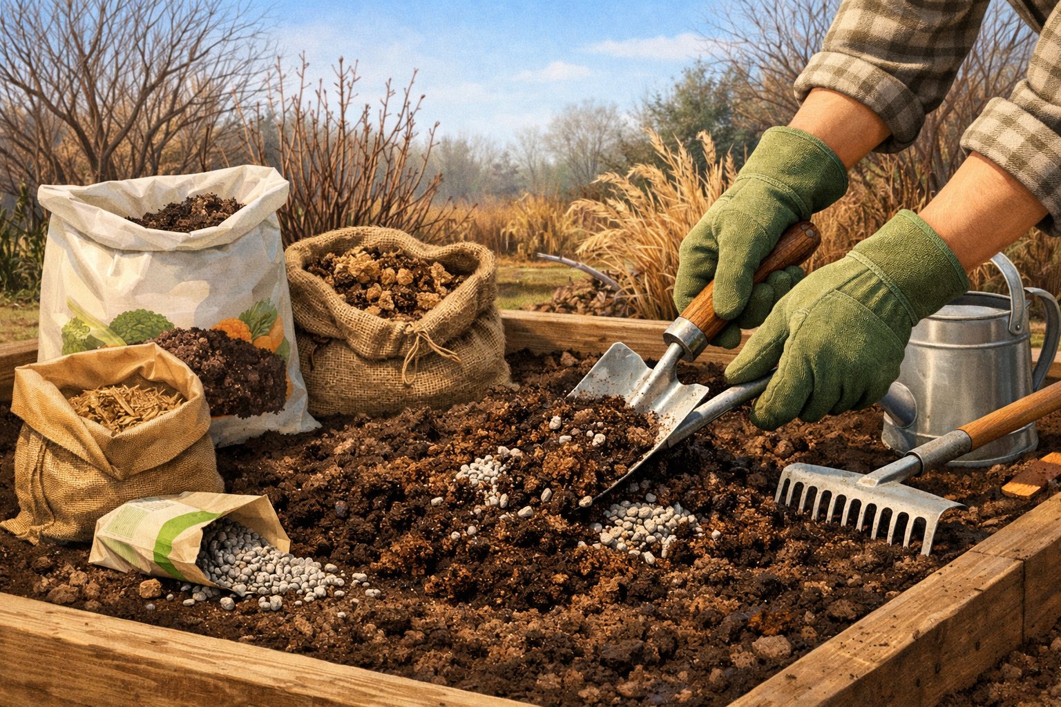 A gardener mixing compost and fertilizer into soil in a garden bed during winter with gardening tools nearby.