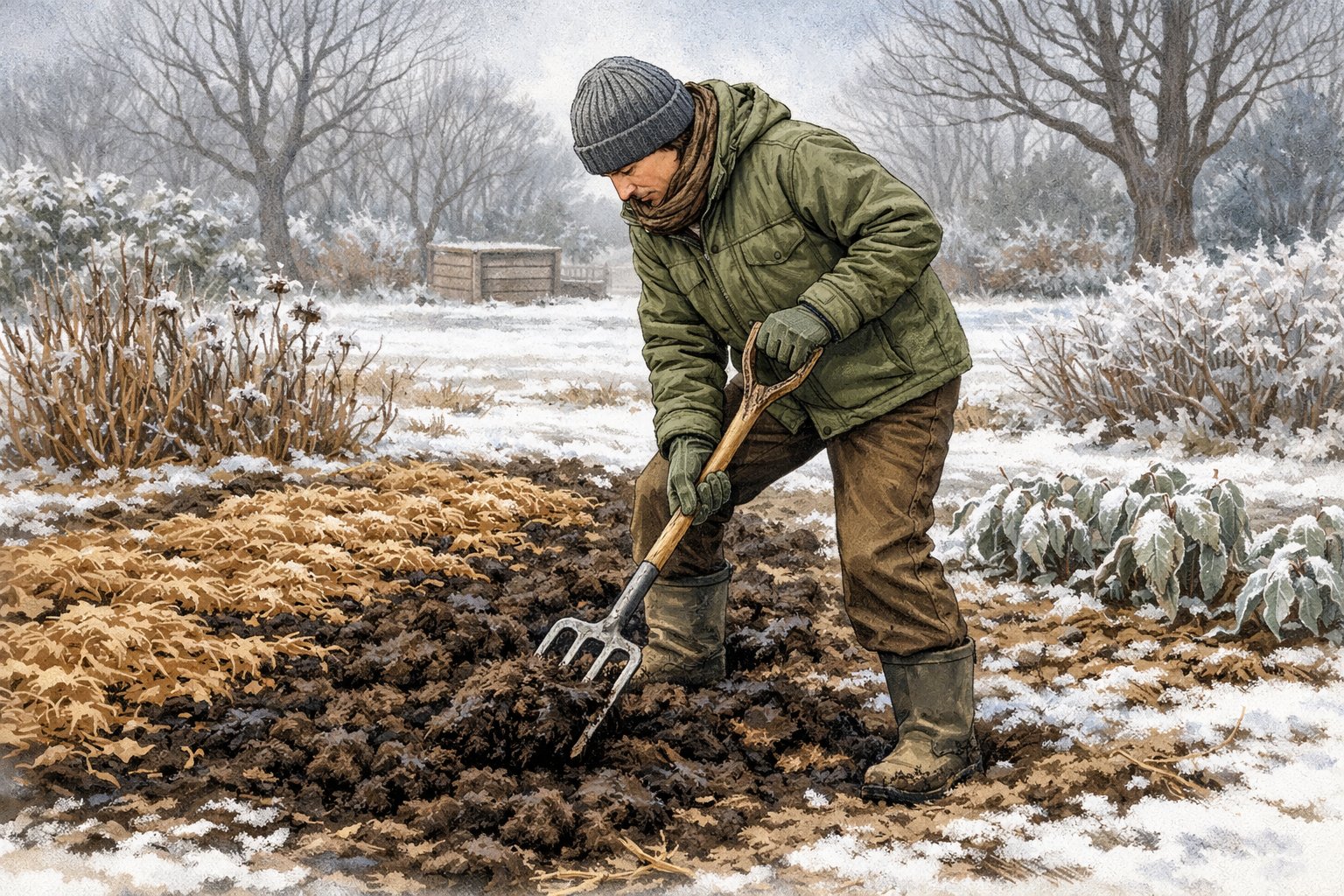 A gardener wearing warm clothes preparing soil in a garden bed during winter with bare trees and light snow around.