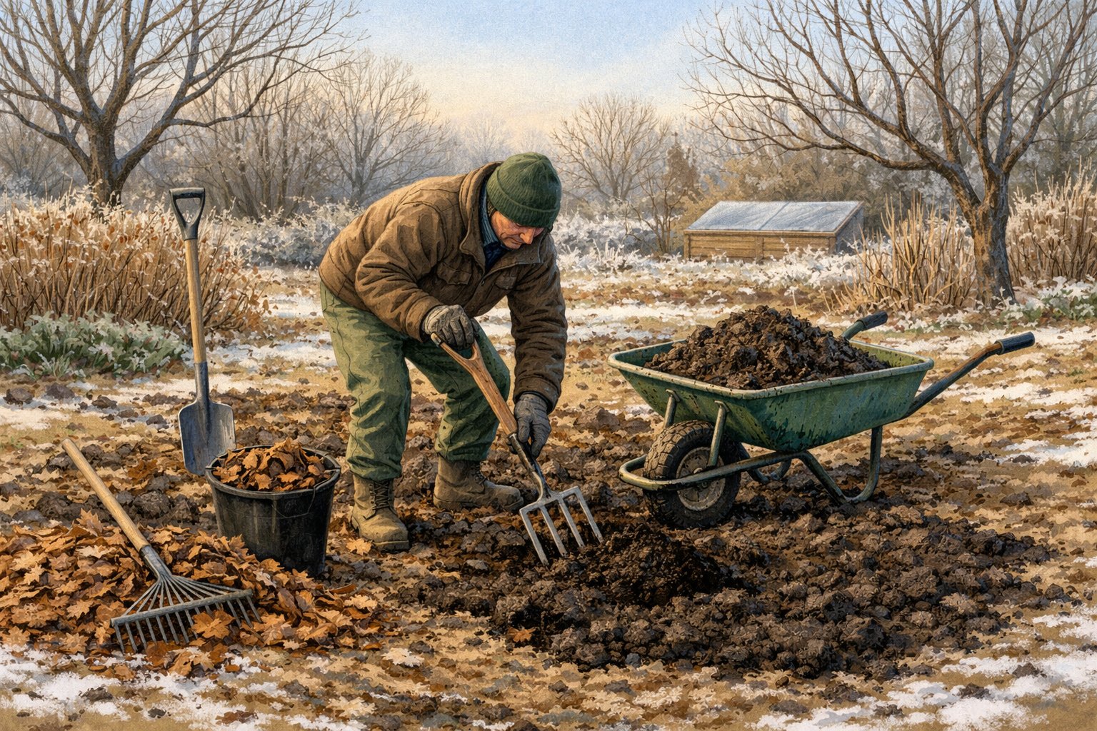 A gardener preparing soil in a winter garden, turning soil and adding compost with gardening tools nearby.