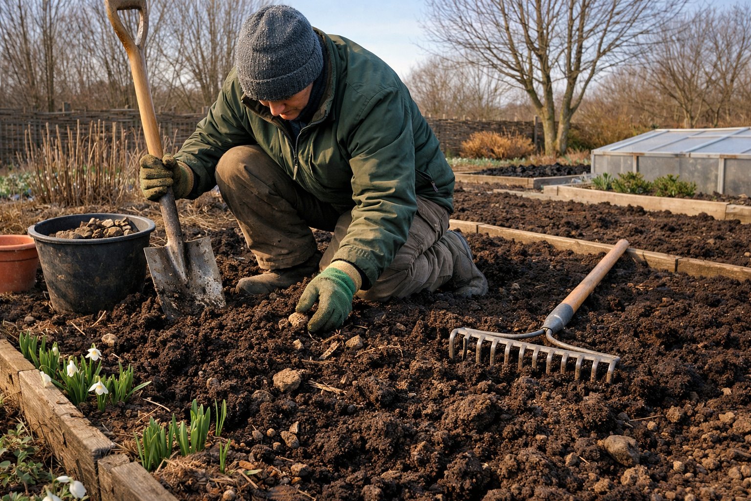 A gardener preparing soil in a garden plot with tools, surrounded by early spring plants and bare trees.