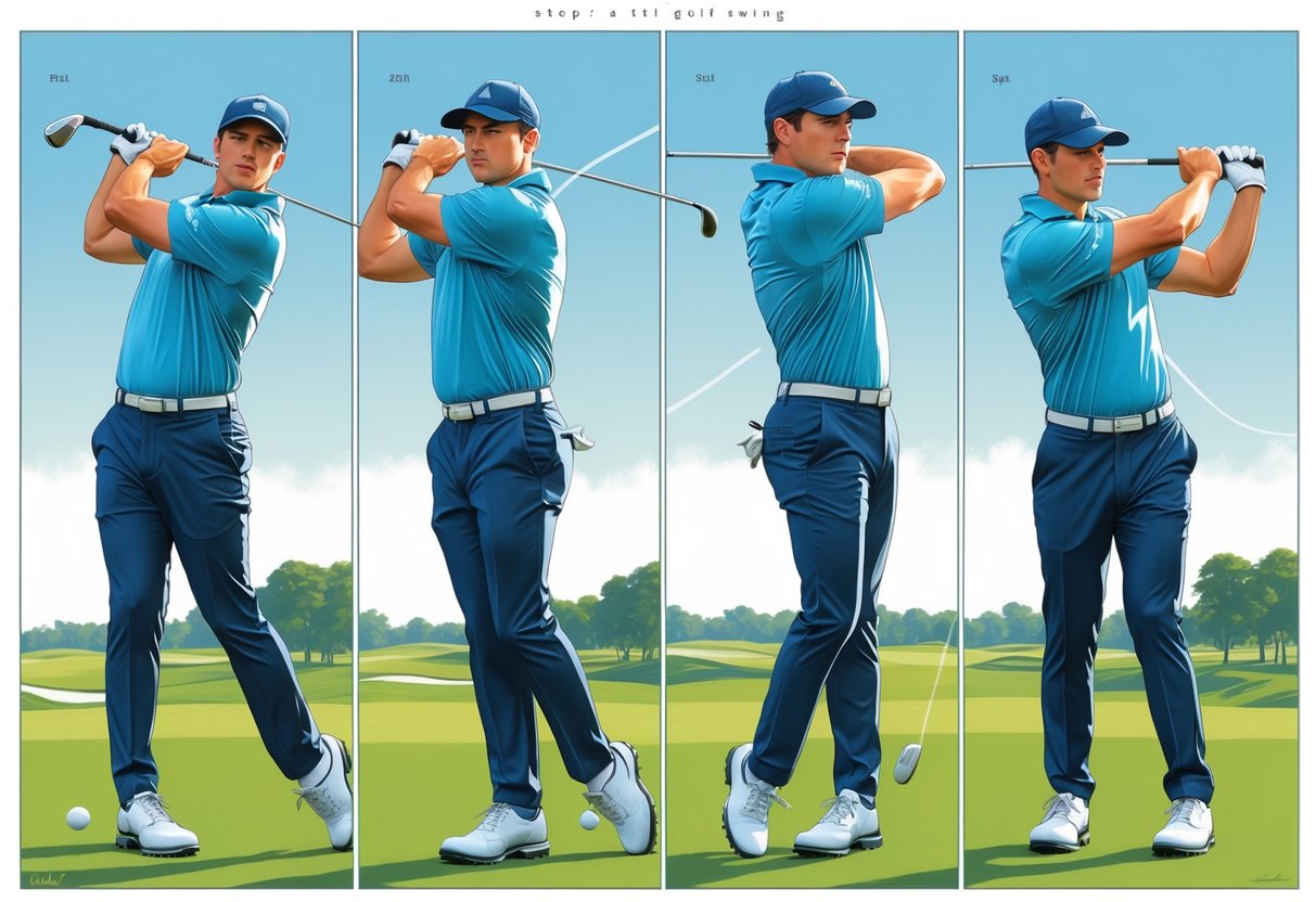Four-panel illustration showing a golfer performing the perfect golf swing from setup to follow-through on a golf course.