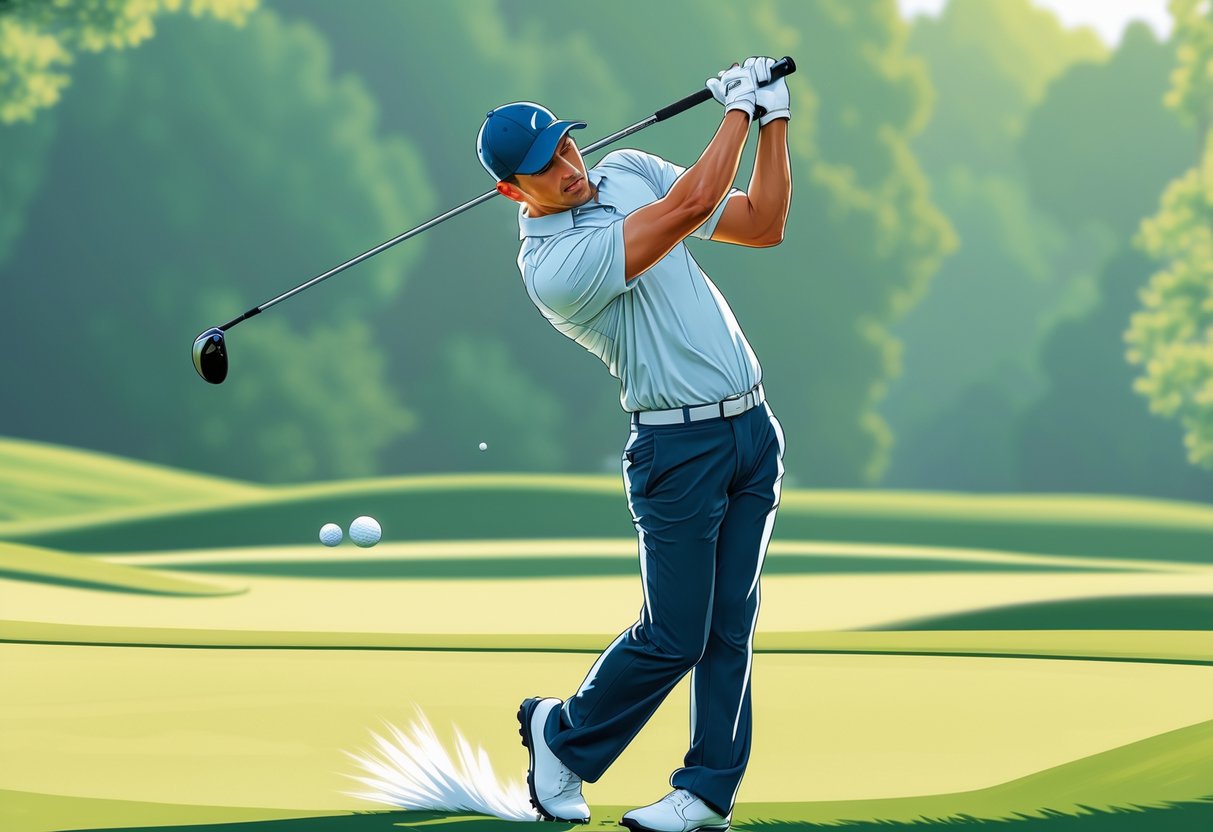 A golfer making contact with the ball during a golf swing on a golf course.