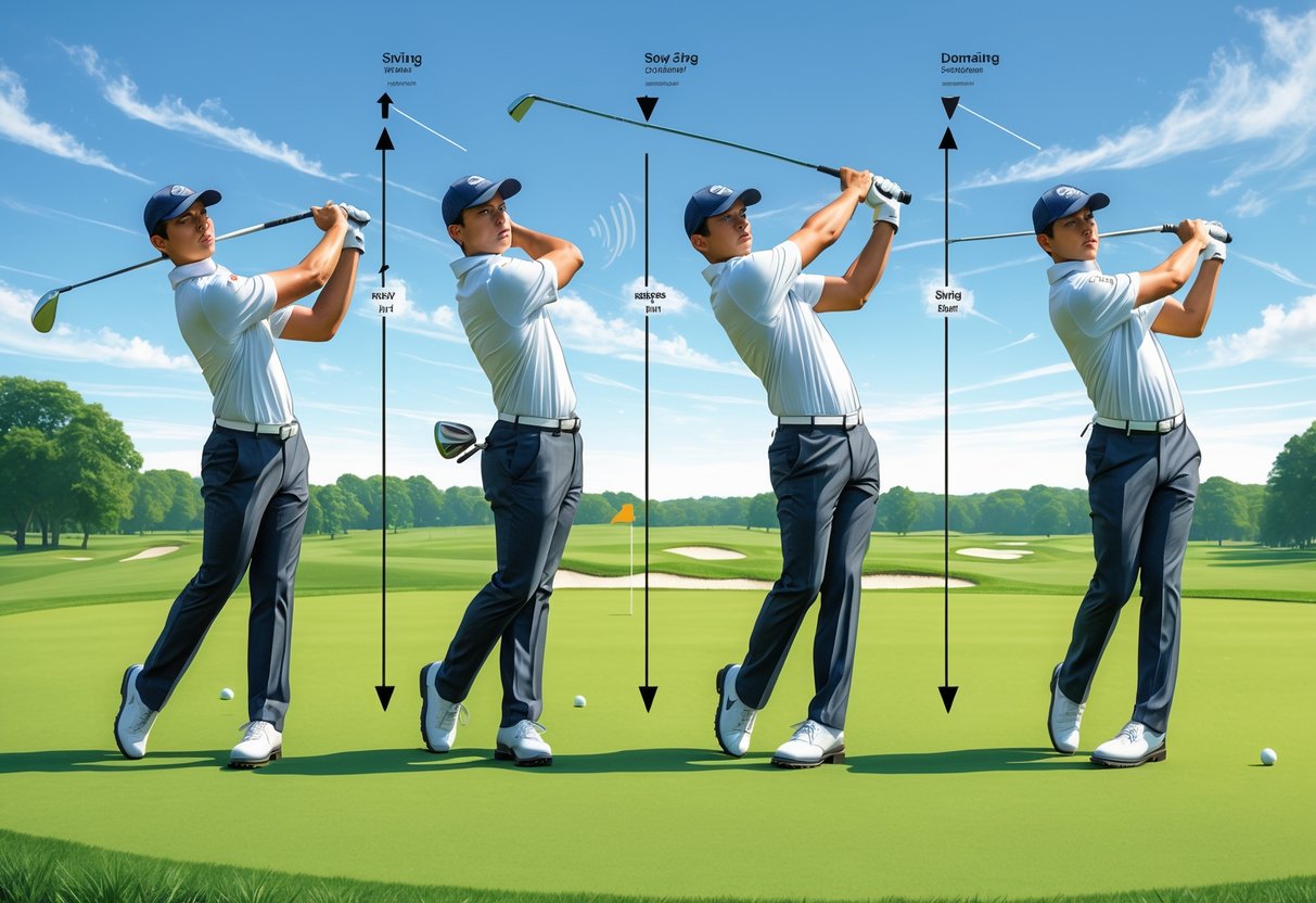 A golfer shown in four stages of a golf swing on a green course, illustrating the setup, backswing, downswing, and follow-through.