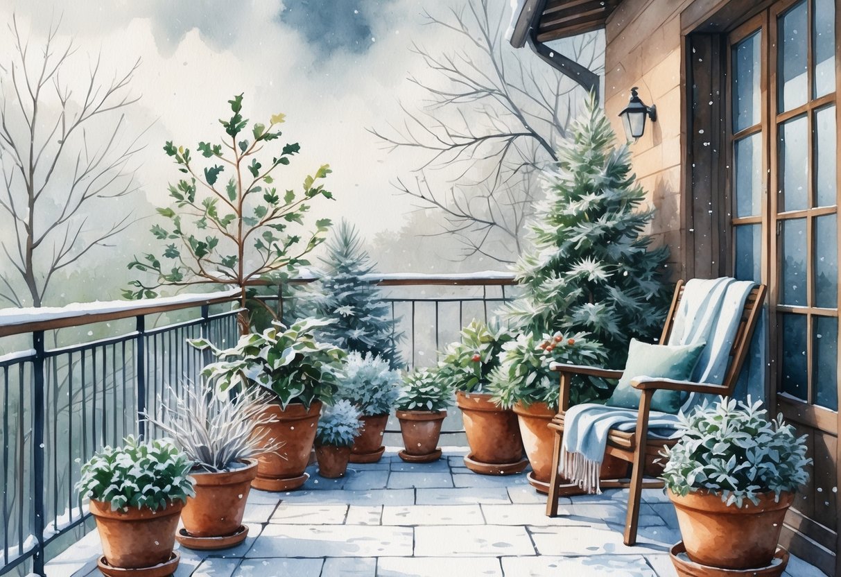 A balcony with potted winter plants, snow on the ground and railings, and a chair with a blanket nearby.
