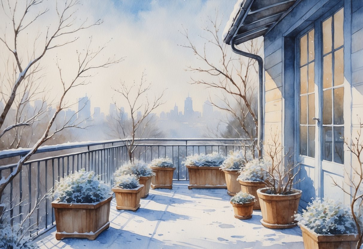A quiet balcony in winter with empty planters and frosted plants, overlooking a faint cityscape under a pale sky.