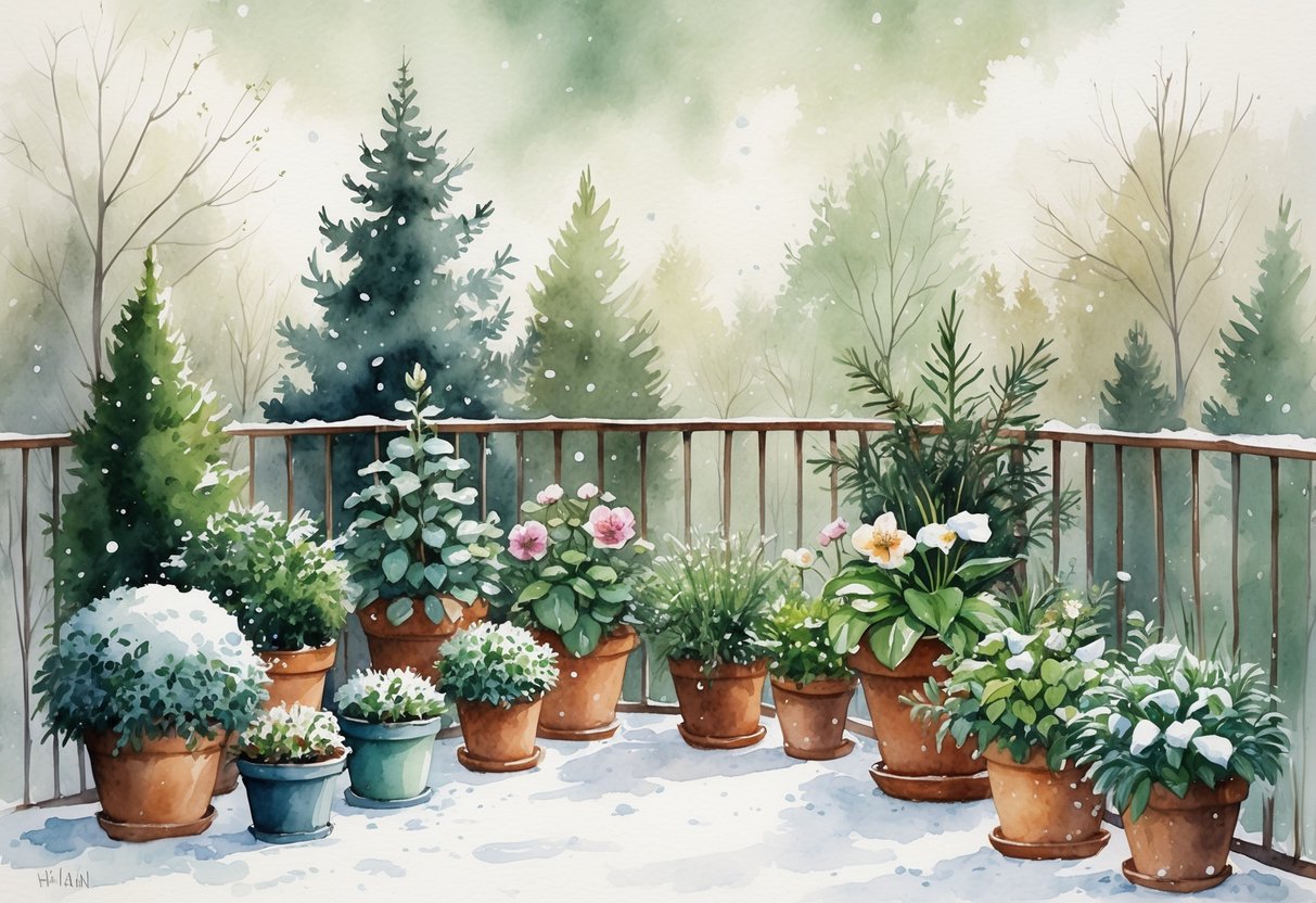 A balcony with potted winter plants lightly covered in snow, surrounded by bare trees under a cloudy sky.