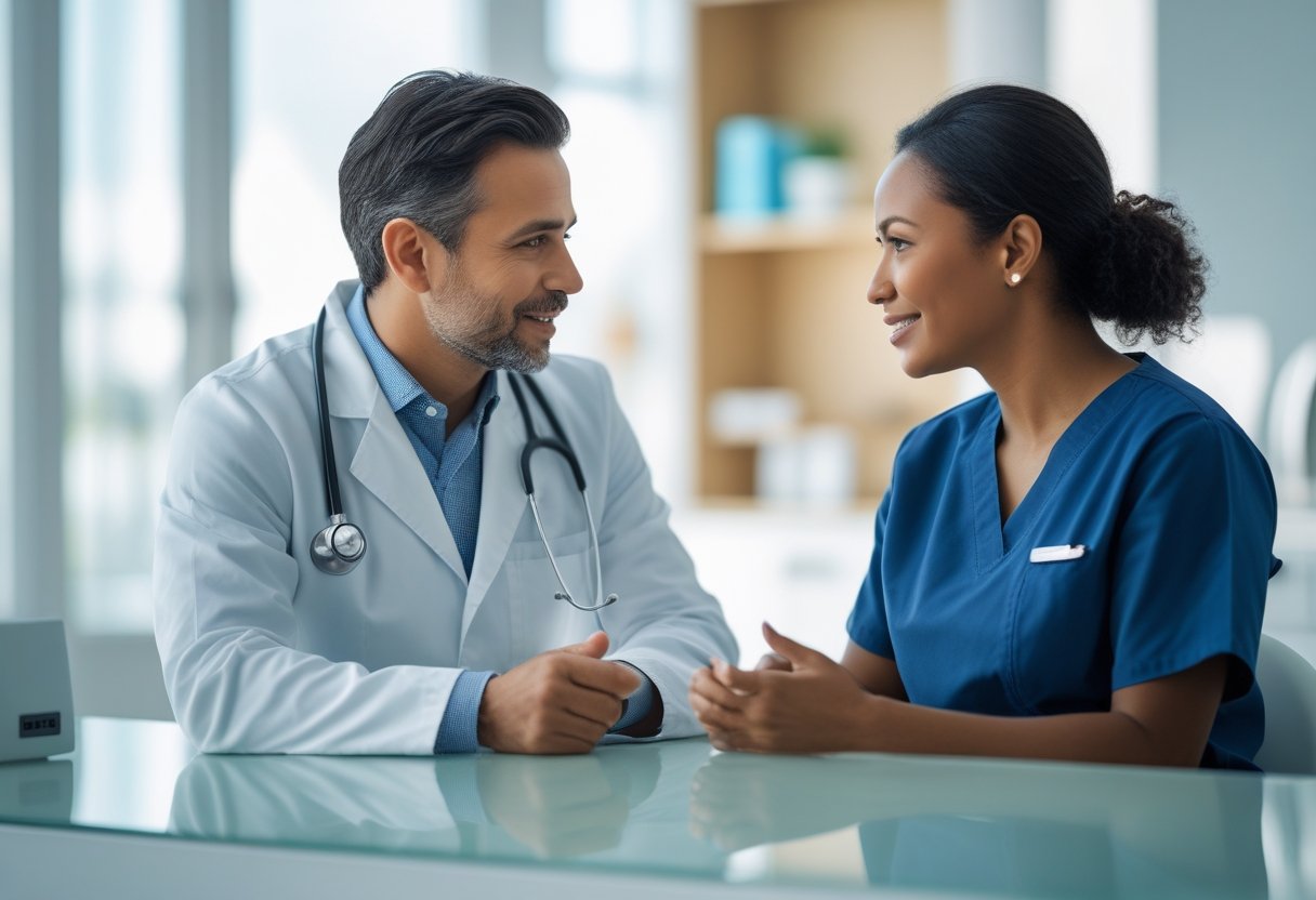 A healthcare professional and patient discussing health checks before an implant procedure in a modern clinic.