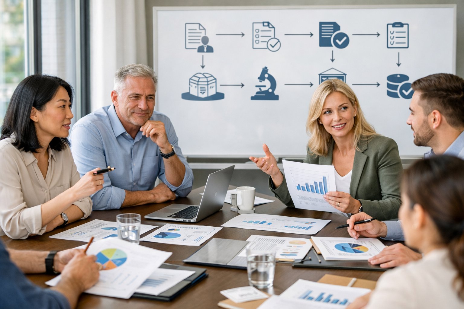 A group of business professionals collaborating around a conference table with laptops and documents in a bright office discussing ISO 17025 tender request process