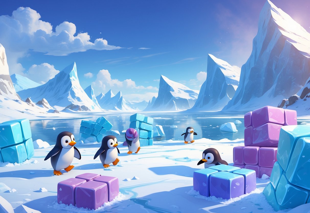 Pemandangan lanskap es yang luas dengan gunung bersalju dan penguin lucu bermain di atas es dan balok es berwarna-warni.