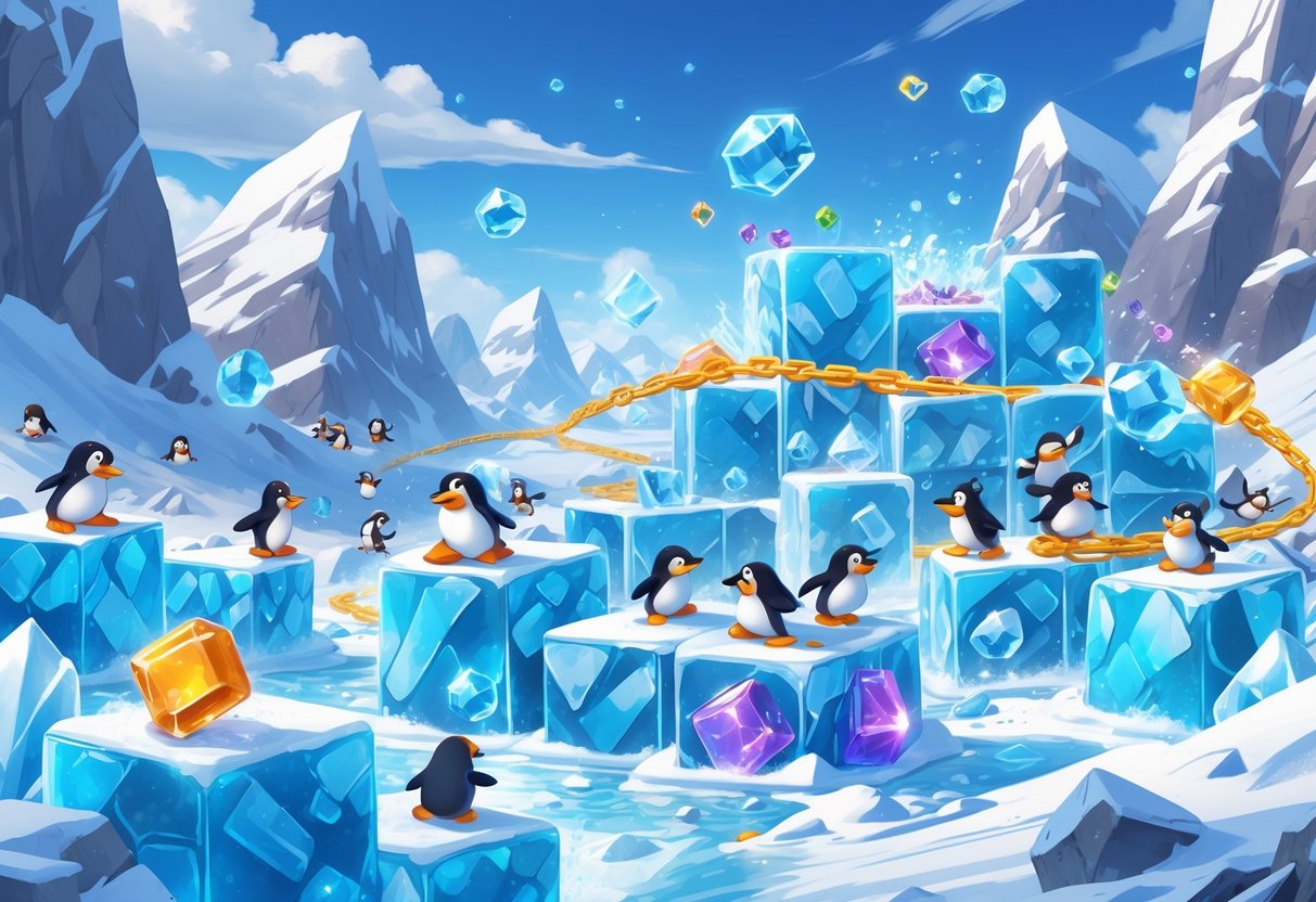 Pemandangan lanskap es dengan penguin bermain di atas balok es dan permata warna-warni, menunjukkan mekanisme permainan seperti memecahkan es dan efek berantai.