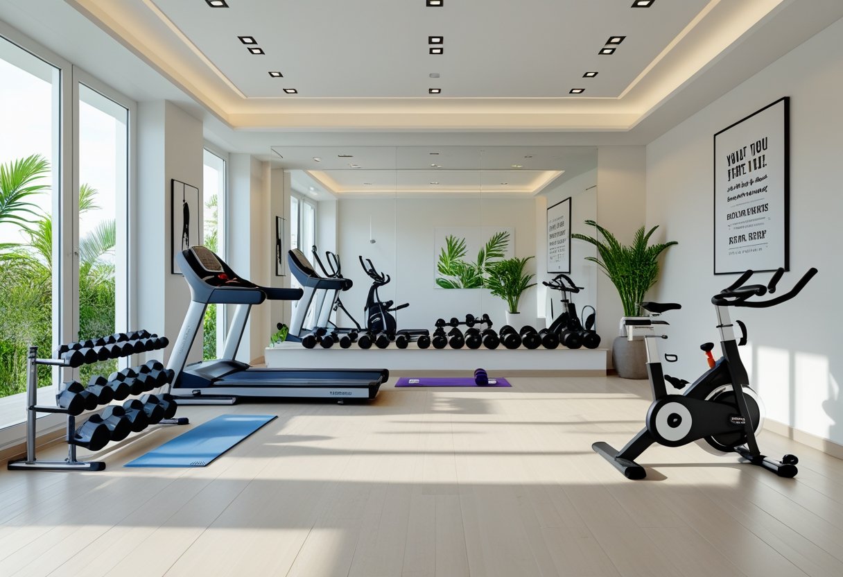 A bright home gym with exercise equipment, large windows, and plants.
