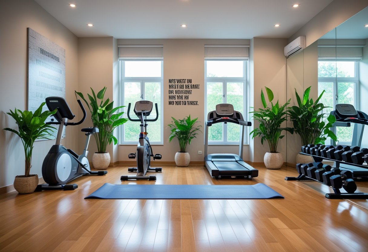 A bright home gym with modern exercise equipment, large windows, indoor plants, and a spacious, organized layout.