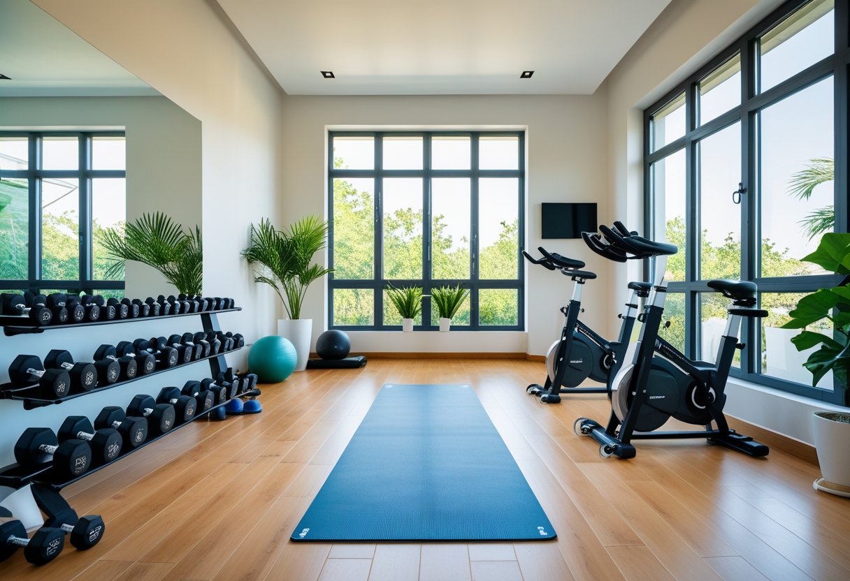 A modern home gym with workout equipment, wooden floor, large windows, and plants.