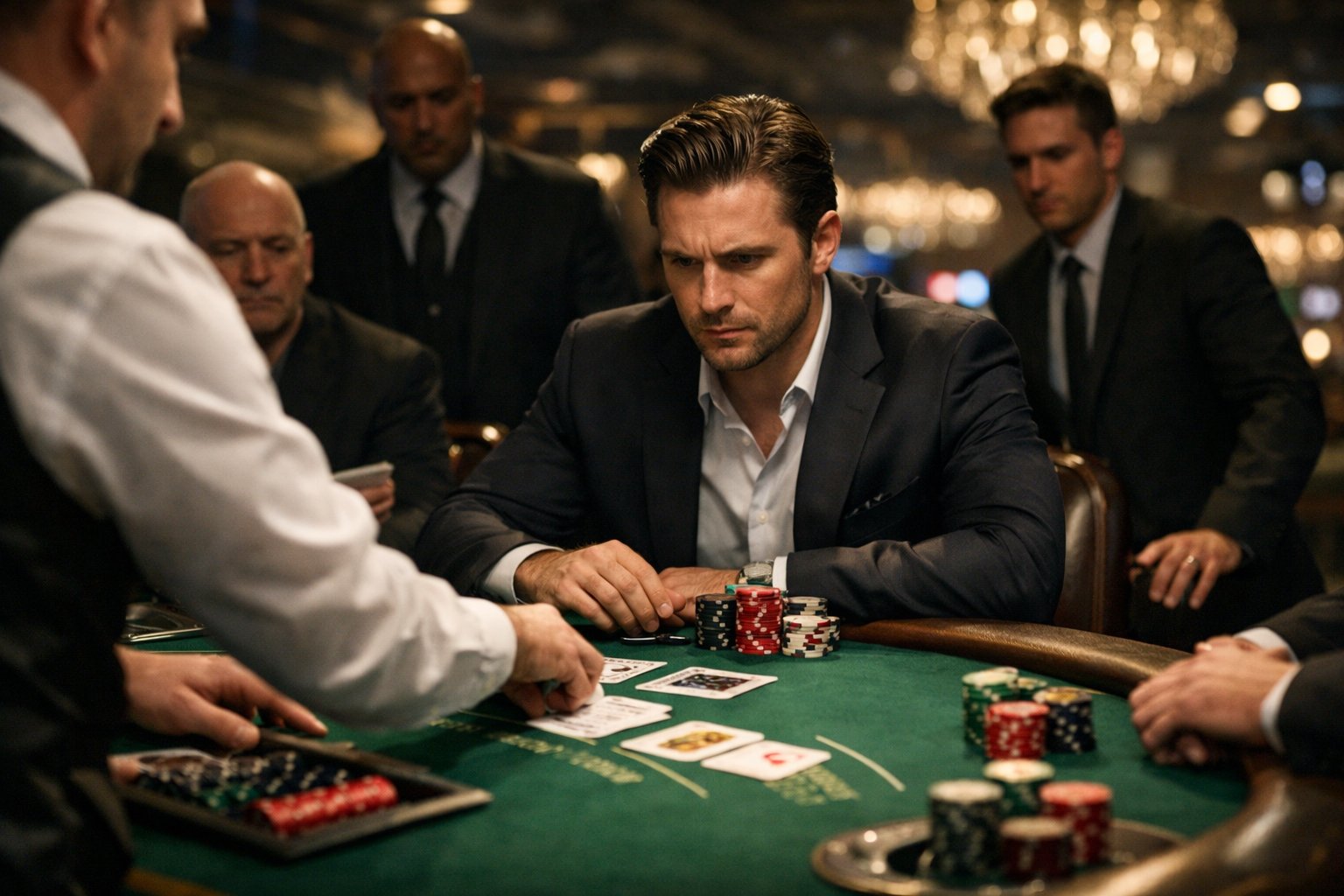 A gambler at a blackjack table in a casino is focused on the cards while security personnel approach him discreetly.