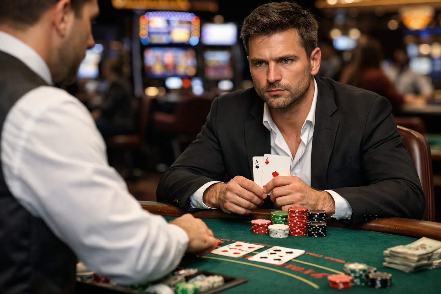 A blackjack player at a casino table watching the dealer deal cards, with chips and playing cards on the green felt table.