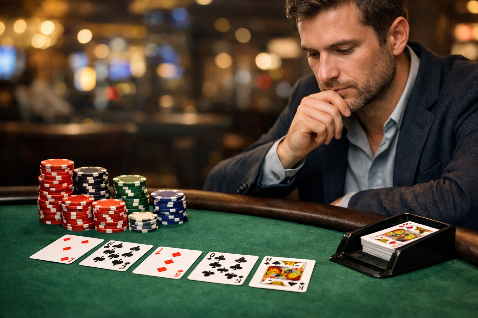 A person concentrating at a blackjack table with playing cards and chips in a casino setting.