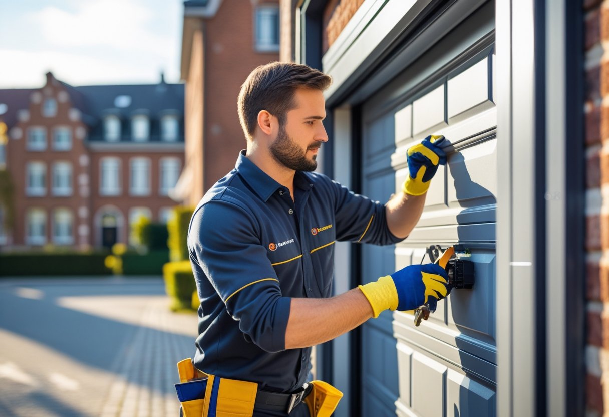 Un technicien répare une porte de garage dans un quartier résidentiel à Bruxelles.