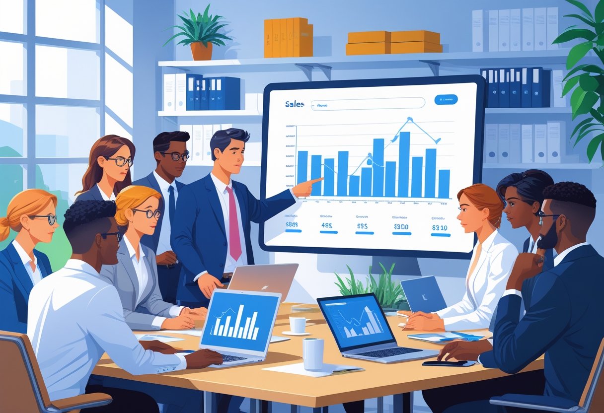 Grupa biznesmenów i bizneswomen omawia wykres sprzedaży, która przestała rosnąć, podczas spotkania w nowoczesnym biurze.