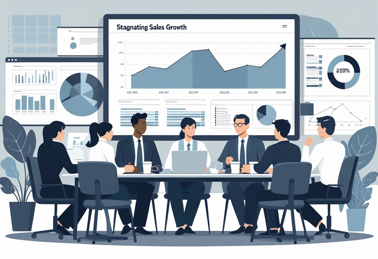 Grupa profesjonalistów analizujących wykresy sprzedaży w biurze podczas spotkania.