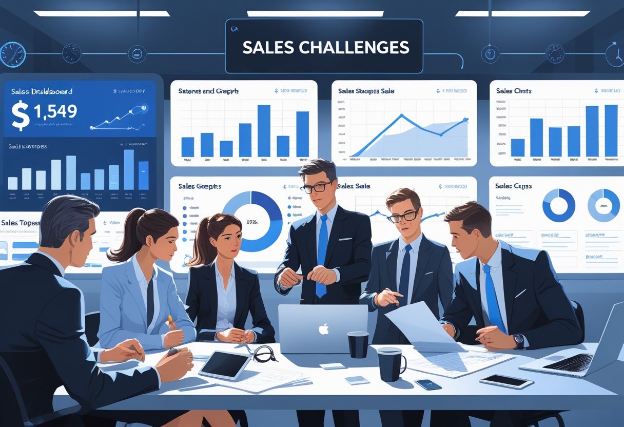 Grupa profesjonalistów omawiająca wykresy sprzedaży pokazujące stagnację w nowoczesnym biurze.