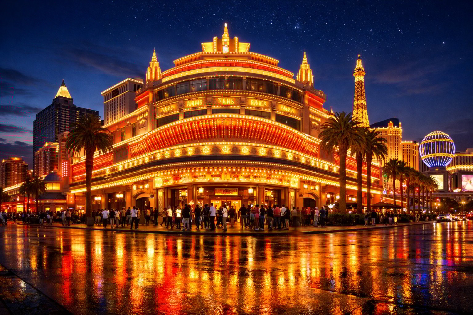 Las Vegas Strip at dusk with a brightly lit historic casino surrounded by other casinos and palm trees under a darkening sky.