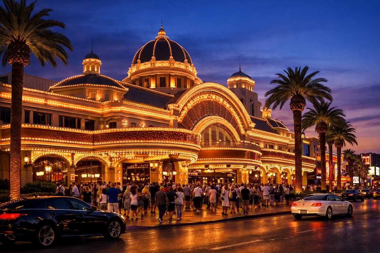 The exterior of a historic casino on the Las Vegas Strip at twilight, with neon lights, palm trees, and people walking nearby.