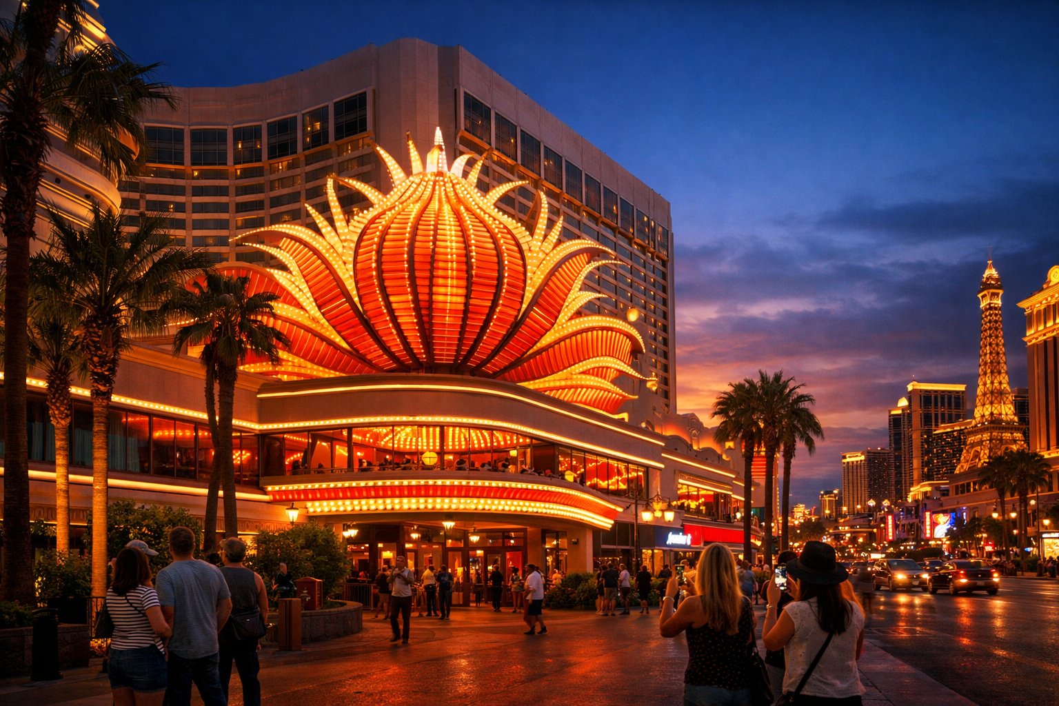 The Flamingo Las Vegas casino at dusk with glowing neon lights, palm trees, and tourists in front, set against the lively Las Vegas Strip.