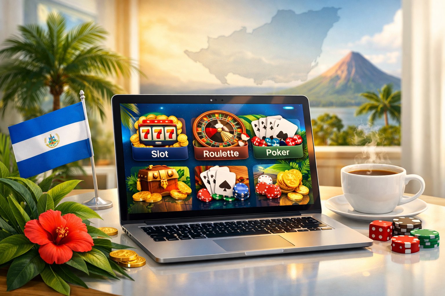 A laptop on a desk showing an online casino interface with casino game icons, surrounded by a small Nicaraguan flag and tropical plants.