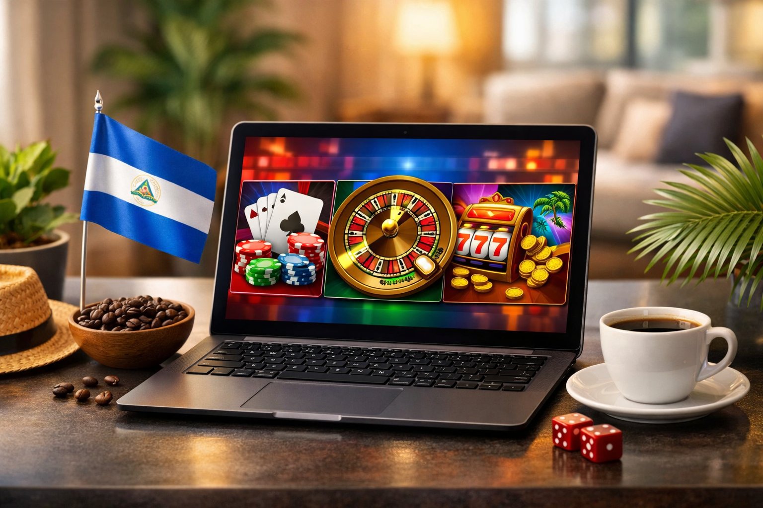 A laptop on a desk showing an online casino game interface with Nicaraguan cultural items nearby in a bright indoor setting.