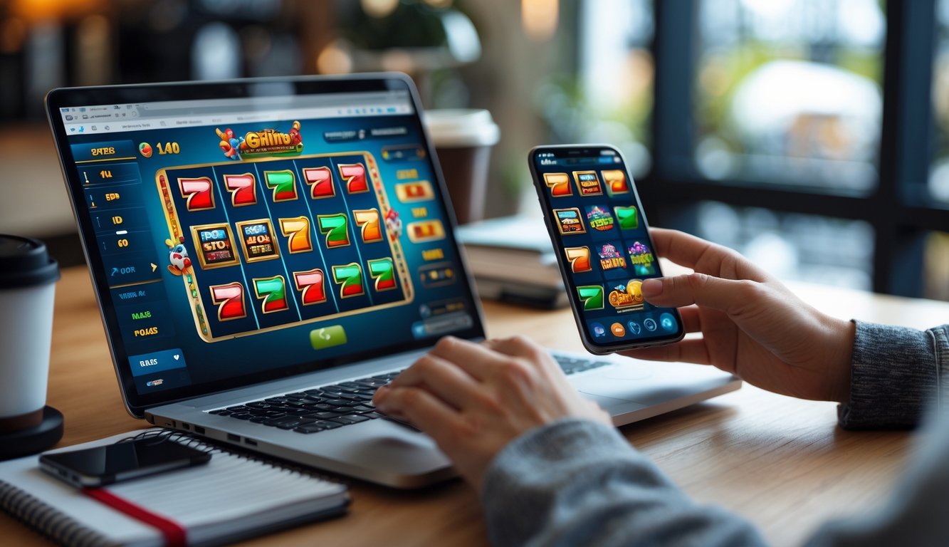 Seseorang menggunakan laptop dan ponsel di ruang kerja modern sambil bermain slot online.