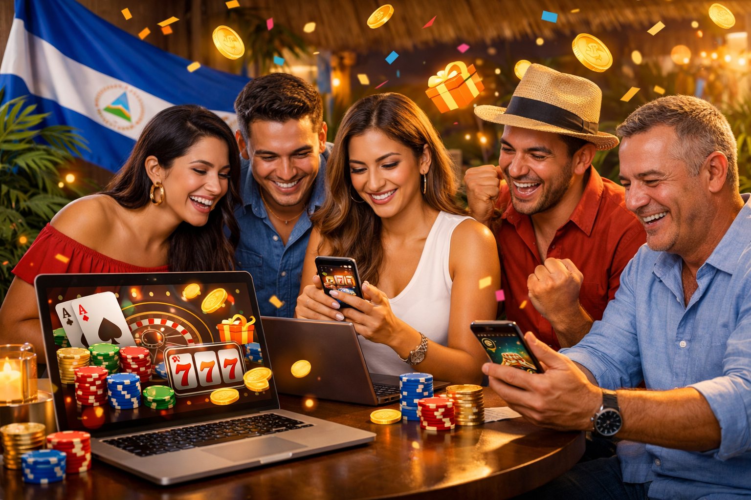A group of diverse adults enjoying online casino games on laptops and smartphones with colorful game graphics and tropical decorations in the background.