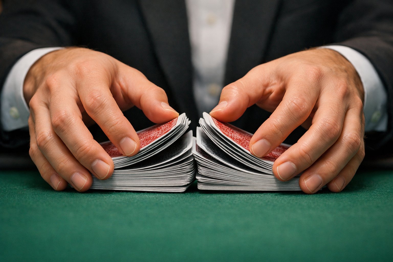 Close-up of hands shuffling a deck of playing cards over a green felt table.
