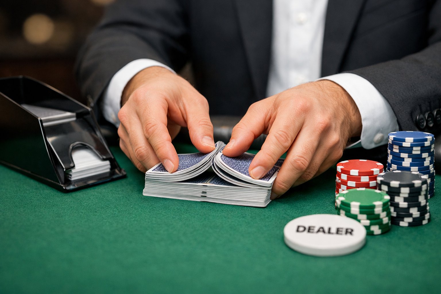 Close-up of hands shuffling playing cards on a casino table with card shoe and poker chips nearby.