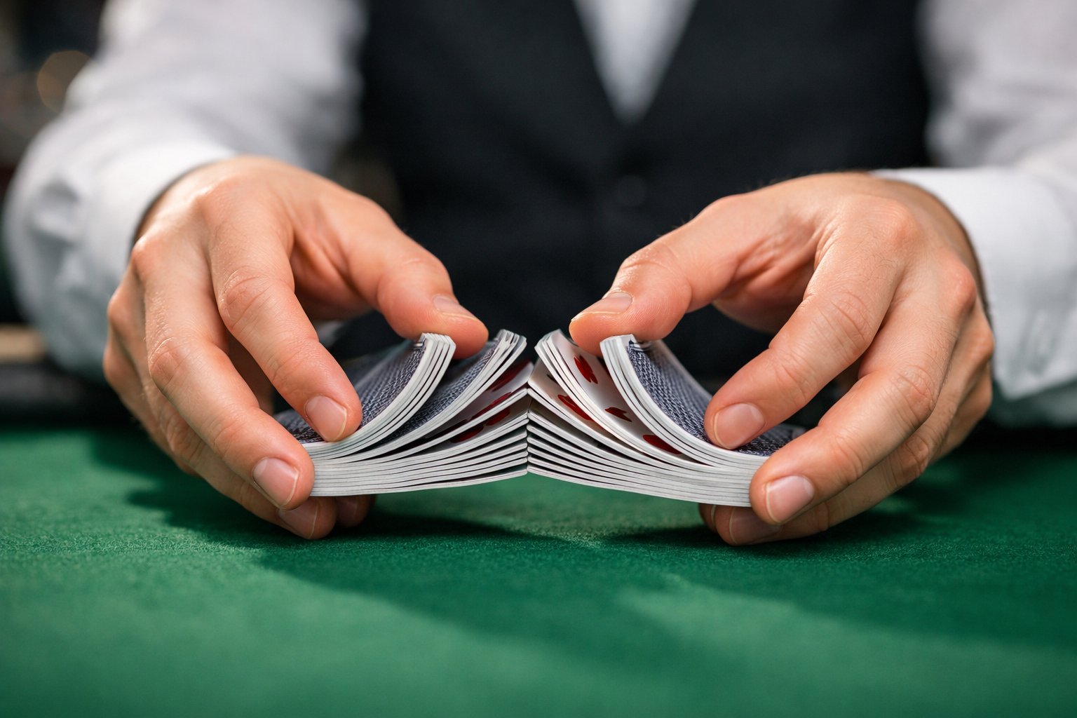 Close-up of hands shuffling playing cards over a green felt table.