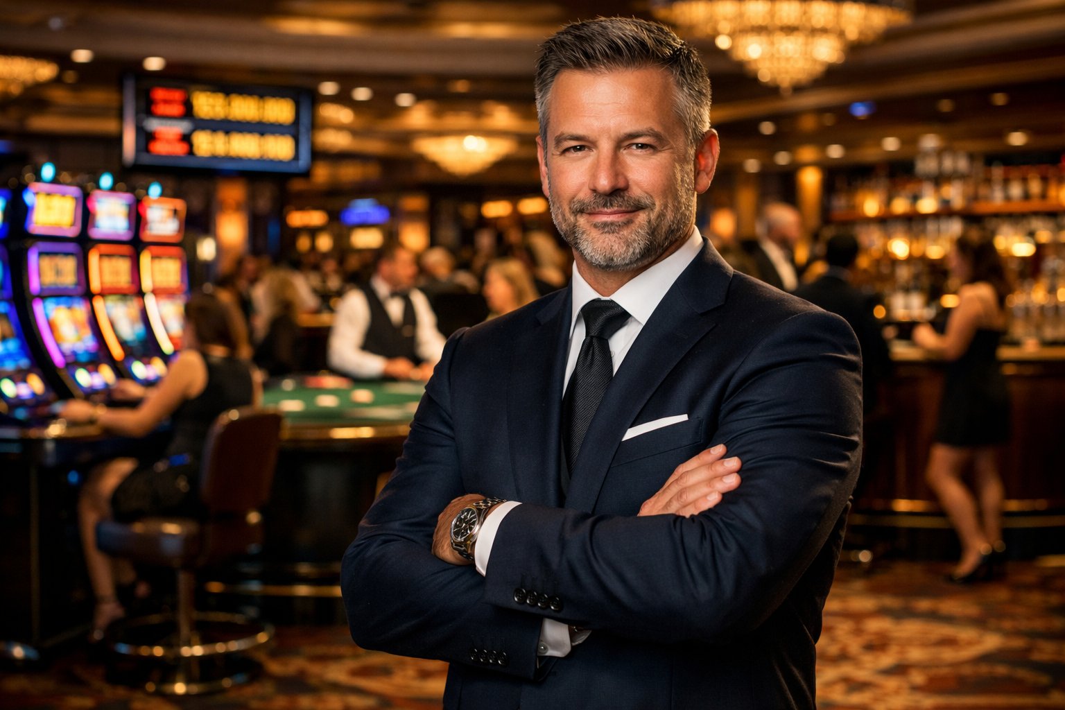 A well-dressed casino owner standing confidently inside a busy casino with slot machines and gaming tables in the background.
