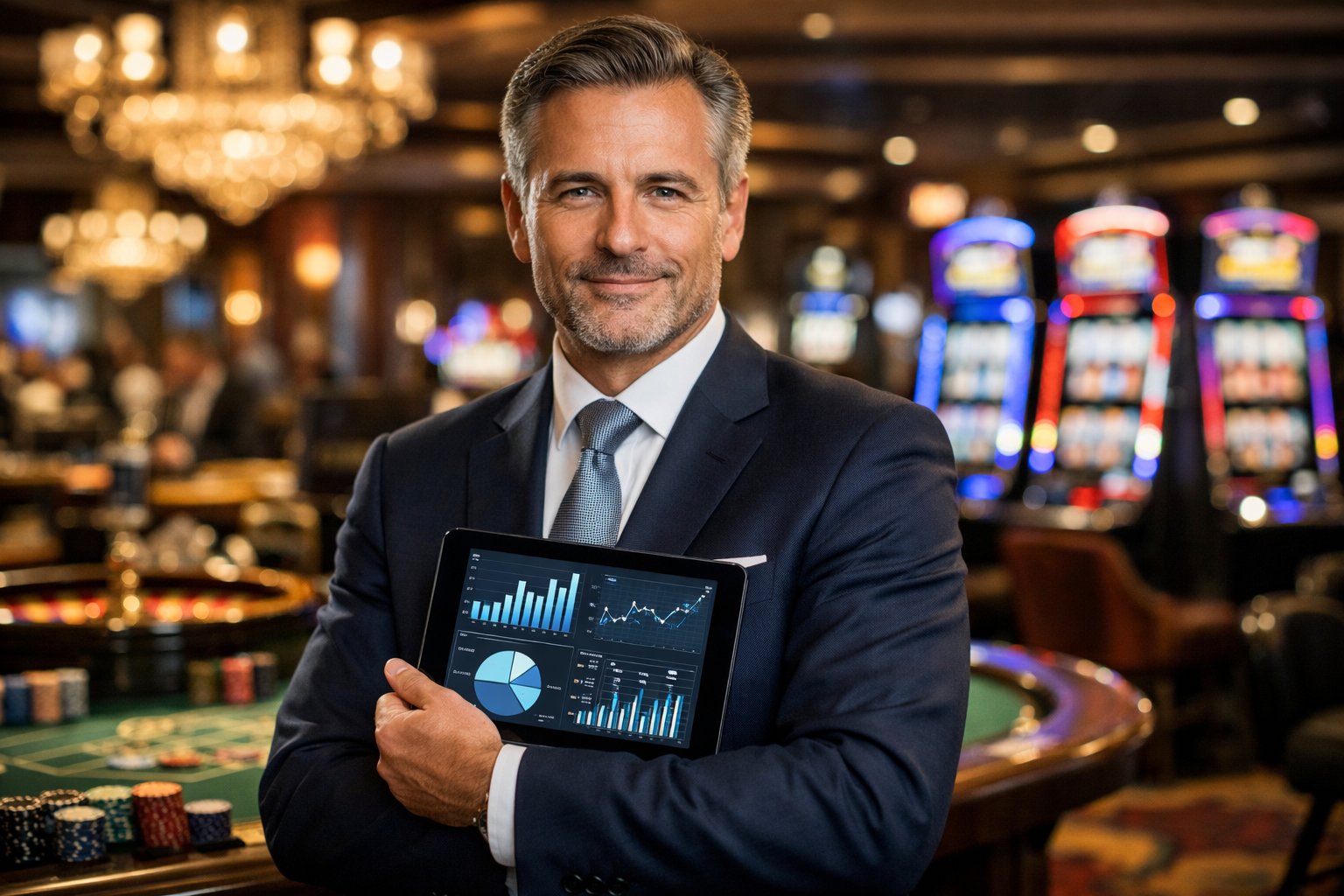 A confident casino owner standing inside a luxurious casino with gaming tables and slot machines in the background.