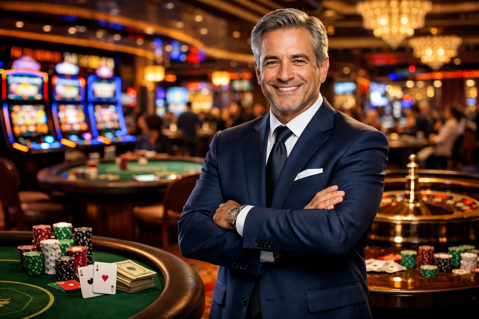 A confident casino owner standing on a busy casino floor with slot machines and gaming tables in the background.
