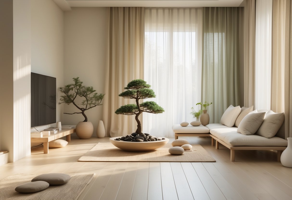 A calm and minimalist living room with soft neutral colors, natural light, wooden furniture, and simple decor including a bonsai tree and smooth stones.