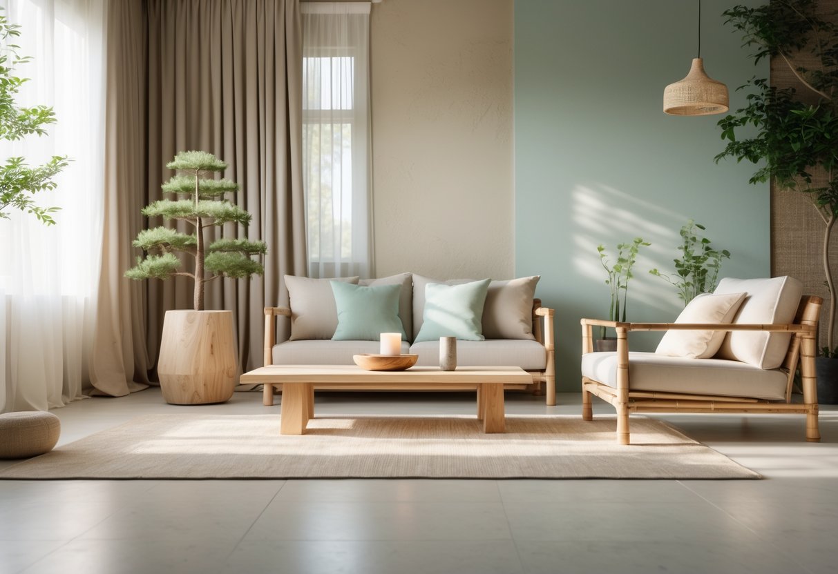 A calm and peaceful living room with soft natural colours, wooden furniture, plants, and gentle sunlight creating a tranquil atmosphere.