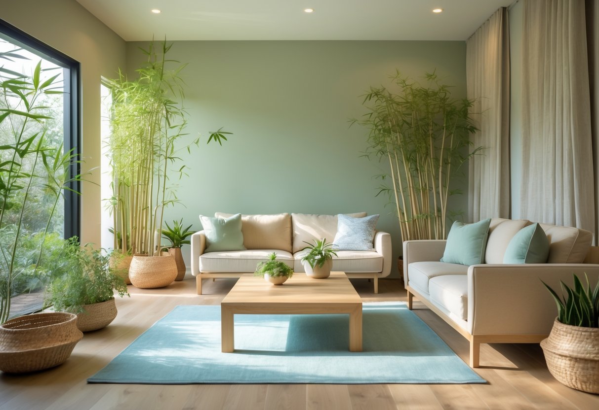 A calm living room with soft green and beige colors, minimalist furniture, indoor plants, and natural light creating a peaceful atmosphere.