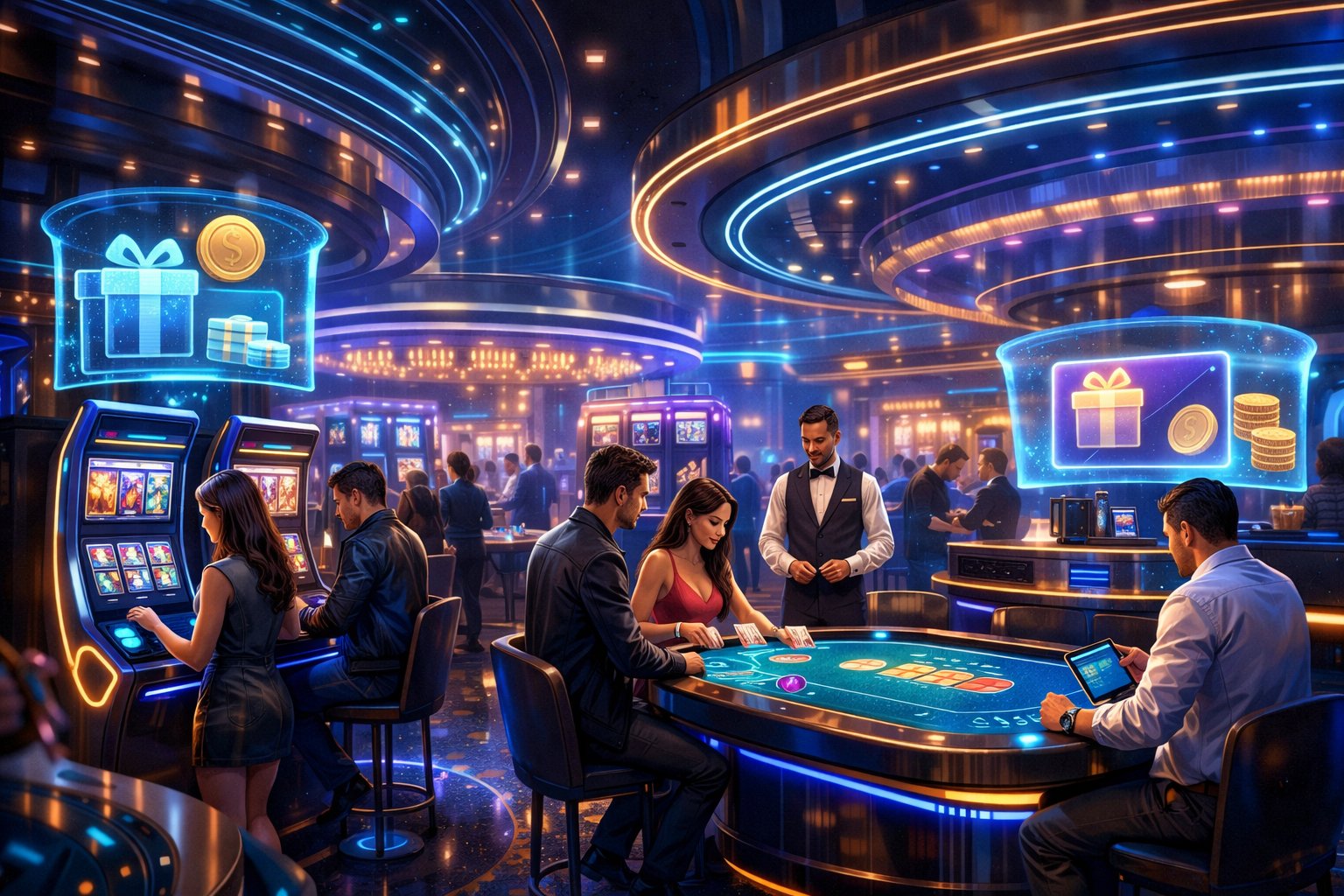 A futuristic casino interior with people playing games and interacting with digital gift card kiosks and holographic displays.