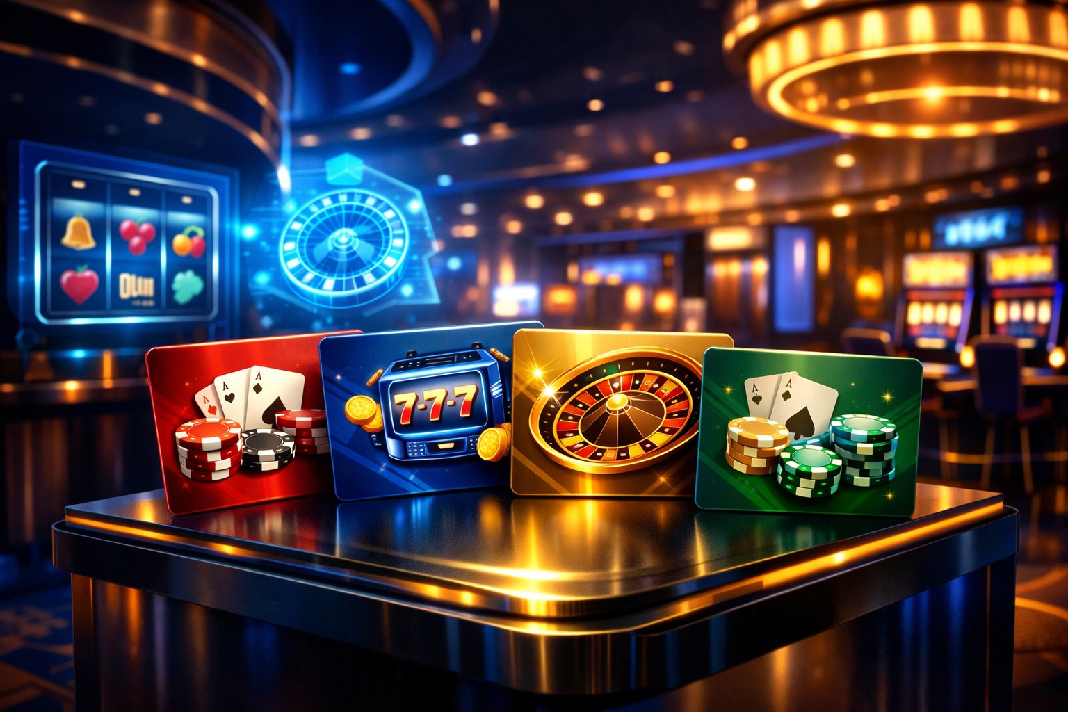 A modern casino interior with colorful gift cards displayed on a counter and digital screens showing casino-related icons.