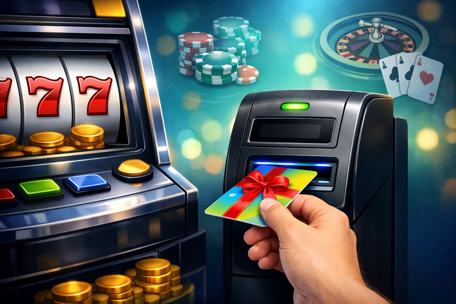 A hand inserting a gift card into a slot machine in a casino setting with poker chips and playing cards around.